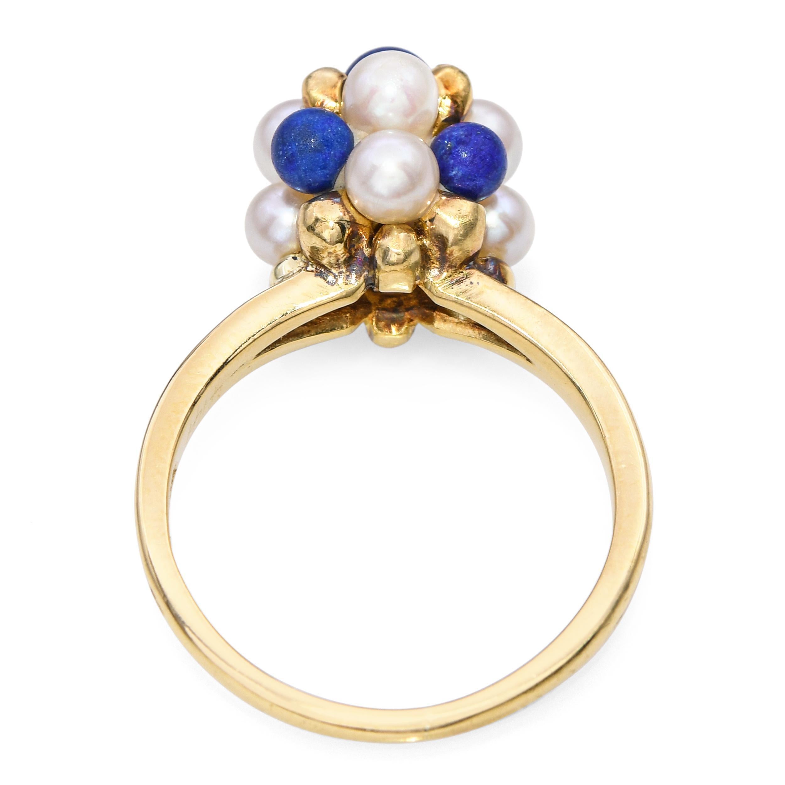 Women's or Men's Vintage 18k Yellow Gold Pearl and Lapis Cluster Ring For Sale