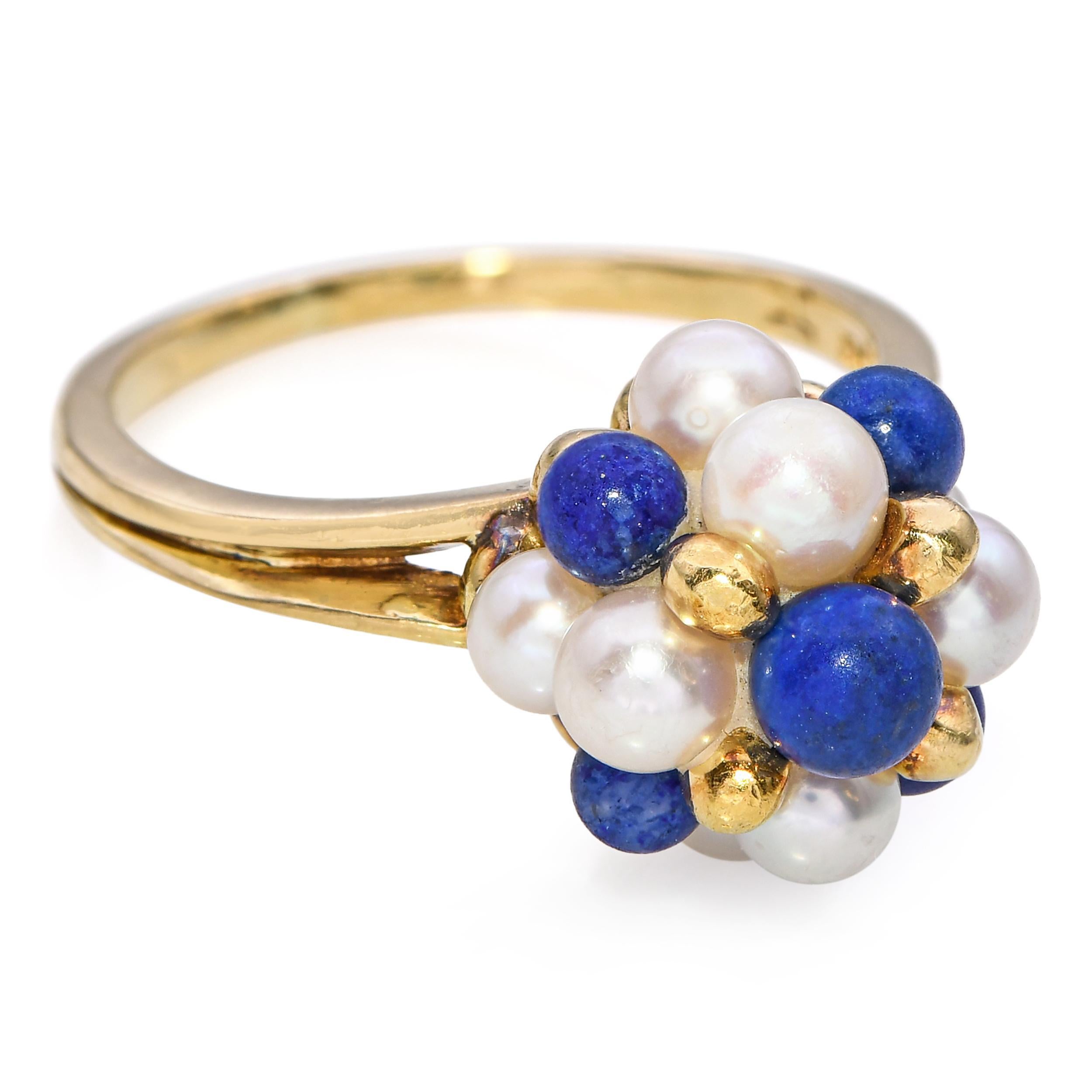 Vintage 18k Yellow Gold Pearl and Lapis Cluster Ring For Sale 1