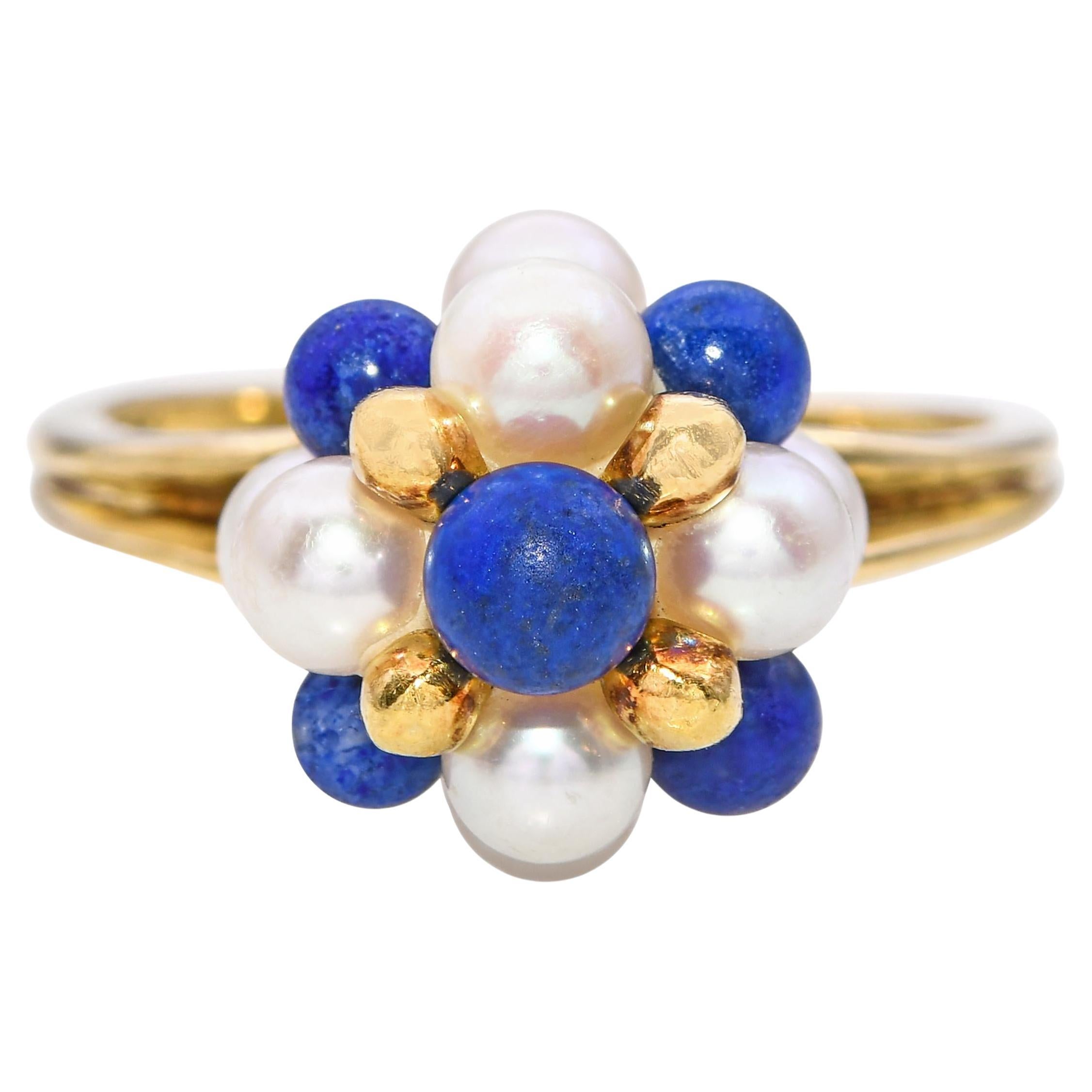 Bague vintage en or jaune 18k avec perles et lapis