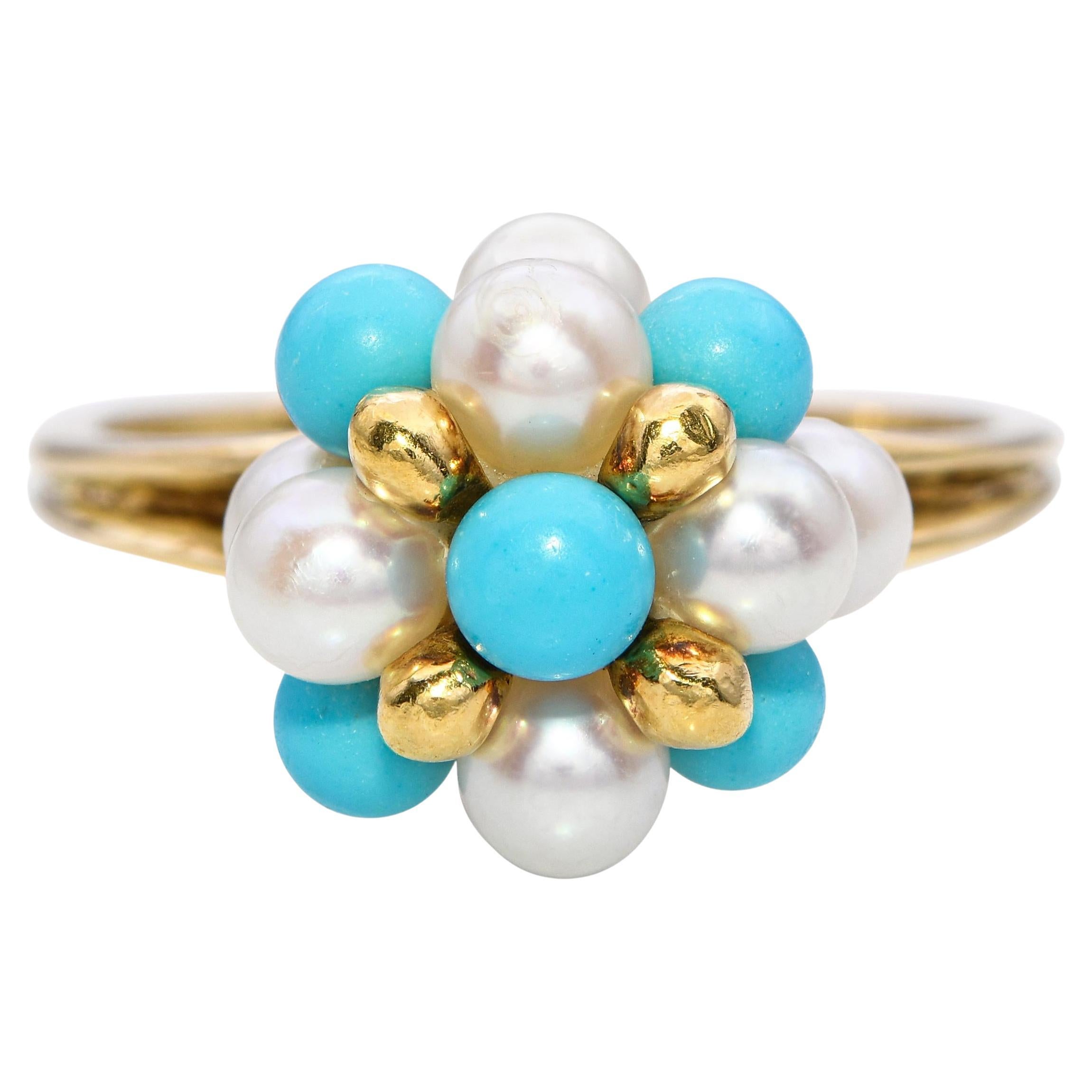 Bague vintage en or jaune 18k avec perles et turquoises