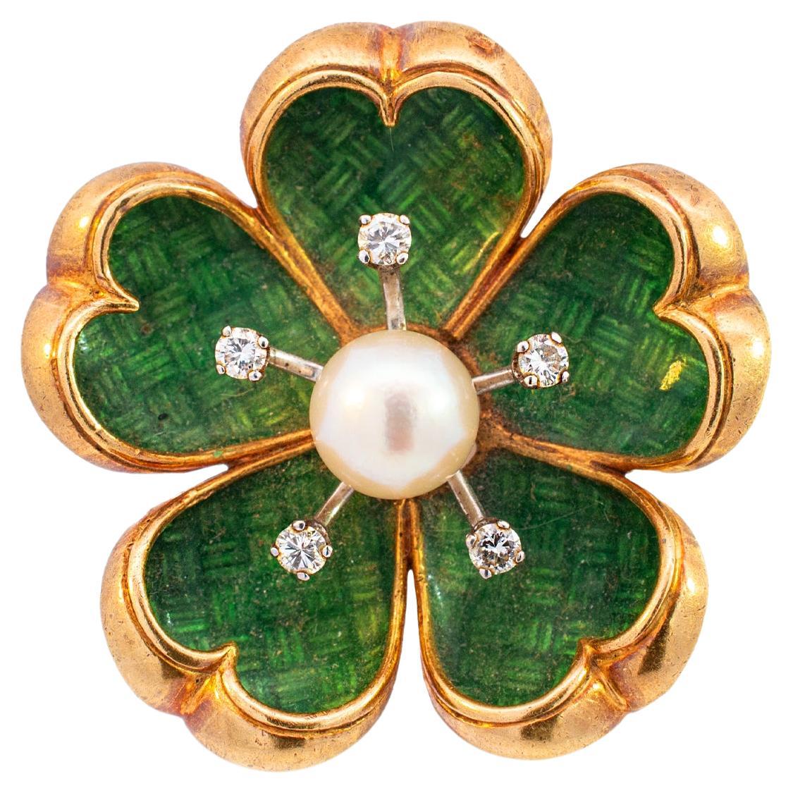 Vintage 18k Yellow Gold Pearl & Diamond Green Enamel Plumeria Flower Pin