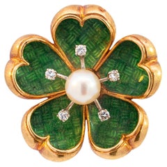 Vintage 18k Yellow Gold Pearl & Diamond Green Enamel Plumeria Flower Pin