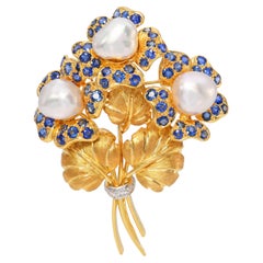 Vintage 18k Yellow Gold Pearl, Sapphire and Diamond Flower Bouquet Brooch
