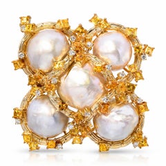 Vintage 18k Yellow Gold Pearl, Yellow Sapphire, & Diamond Statement Brooch