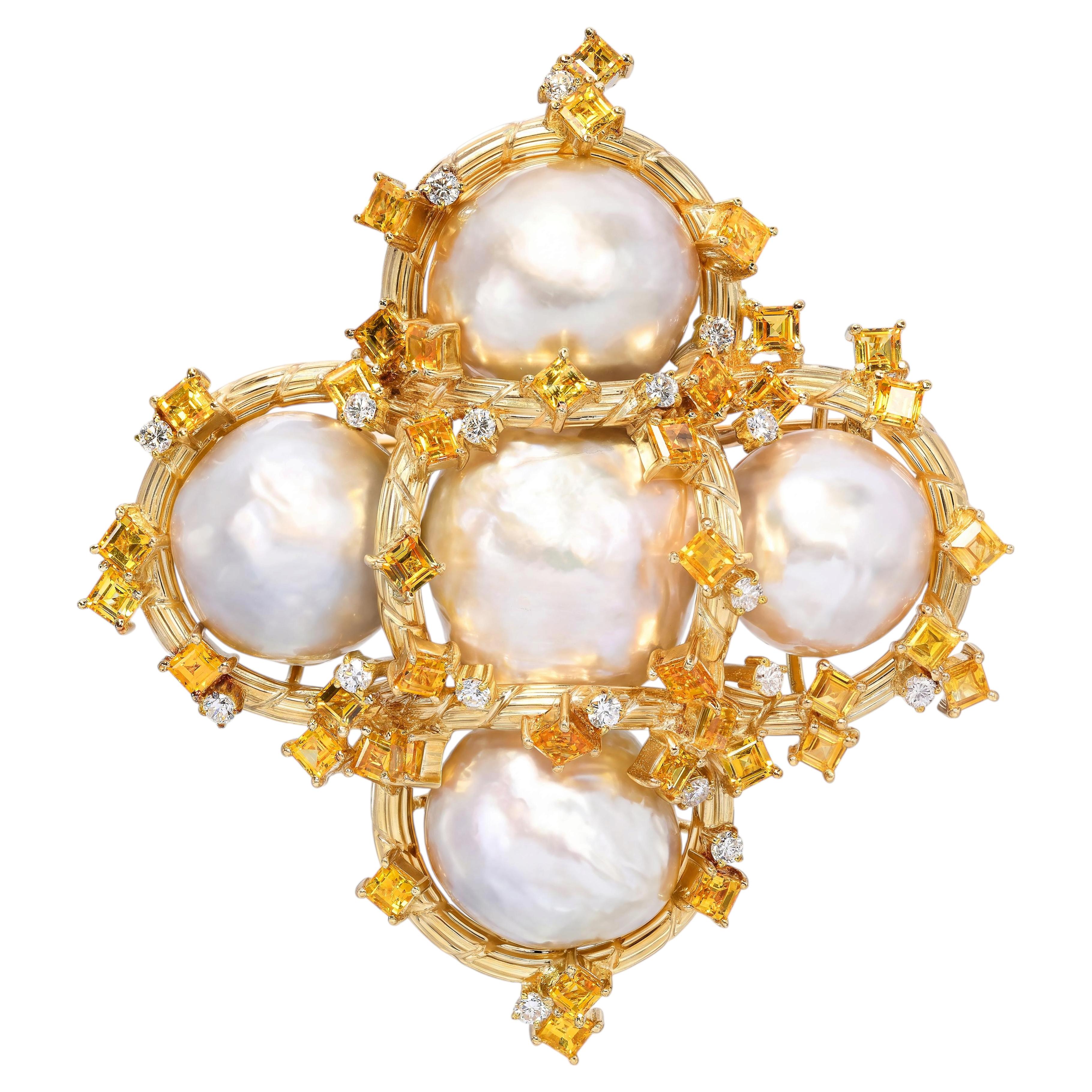 Vintage 18k Yellow Gold Pearl, Yellow Sapphire, & Diamond Statement Brooch
