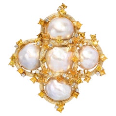 Vintage 18k Yellow Gold Pearl, Yellow Sapphire, & Diamond Statement Brooch