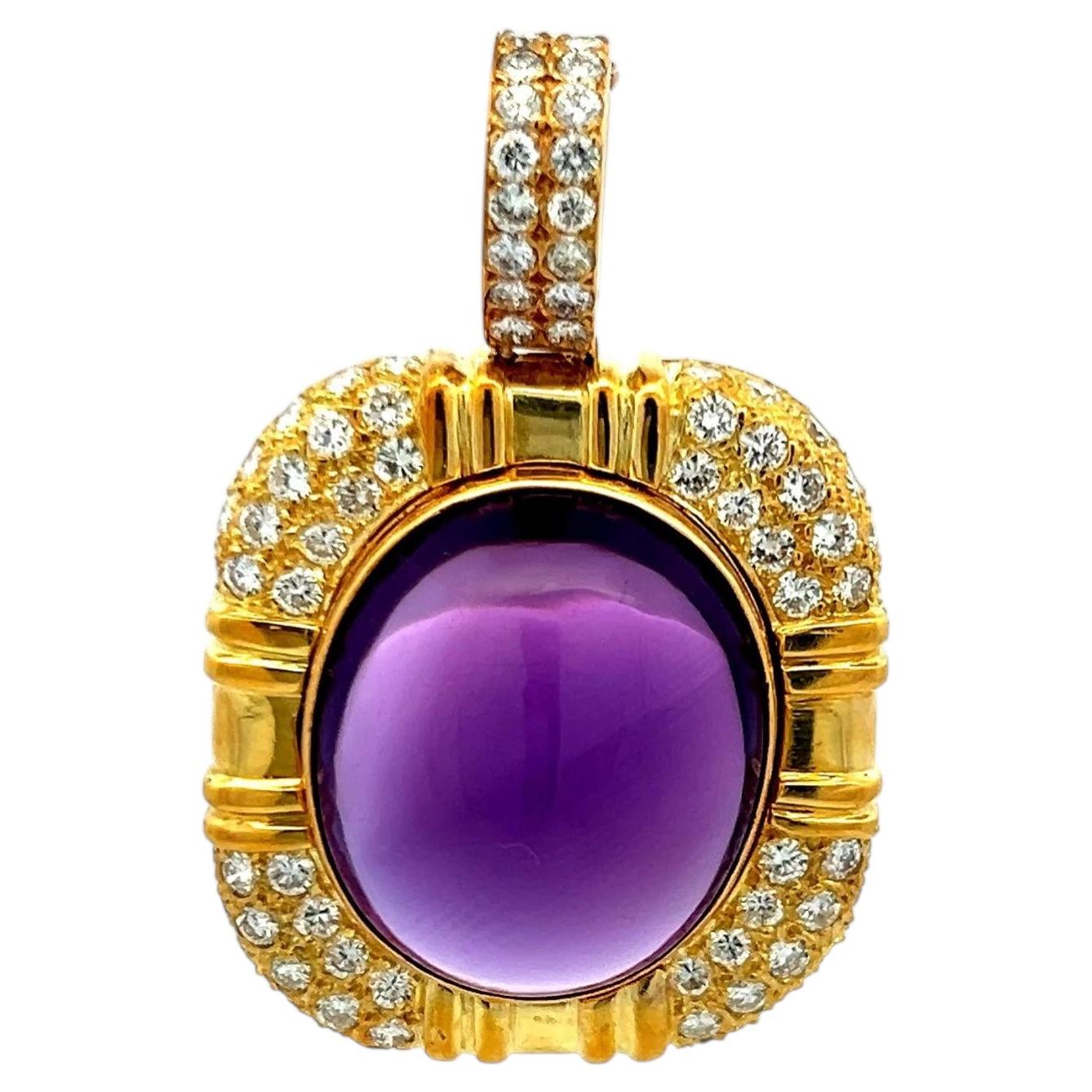Vintage 18K Yellow Gold Pendant with Amethyst & Diamonds