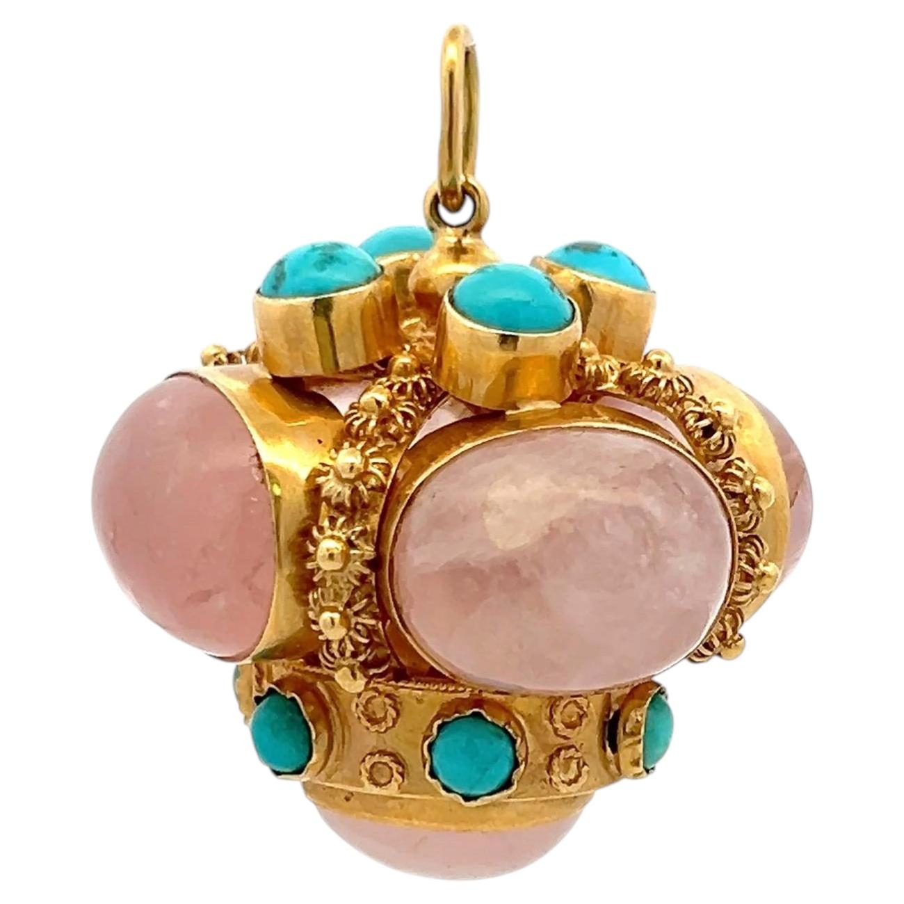 Pendentif vintage en or jaune 18 carats orné de quartz et de turquoises
