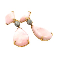 Vintage 18K Yellow Gold Pink Coral  & Diamond Pave Drop Earrings  Circa 1980