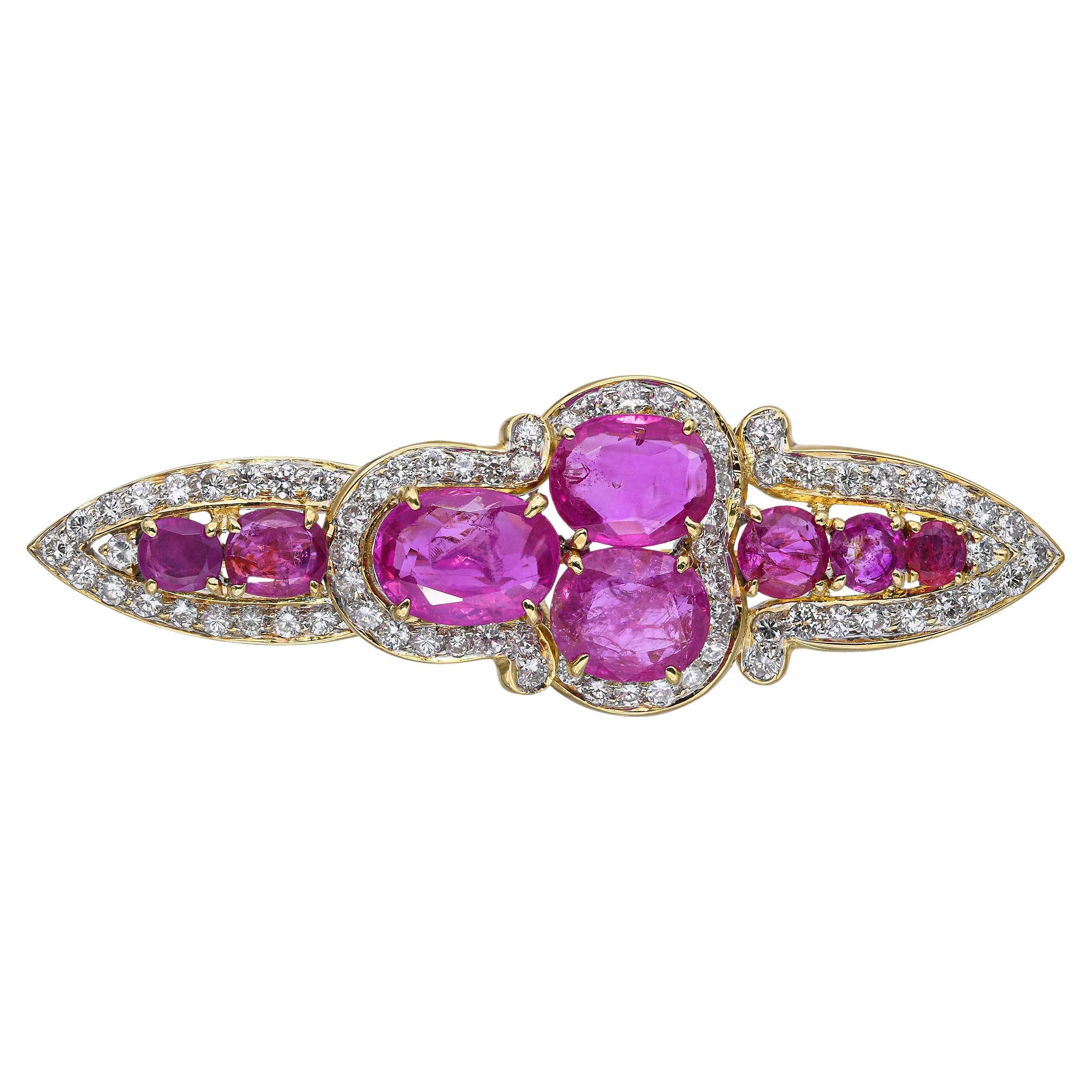 Vintage 18k Yellow Gold Pink Sapphire and Diamond Brooch