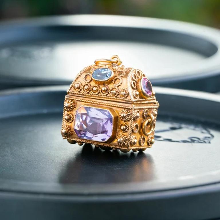 Oval Cut 18 Karat Yellow Gold, Pink Sapphire, Aquamarine and Amethyst Treasure Chest  For Sale