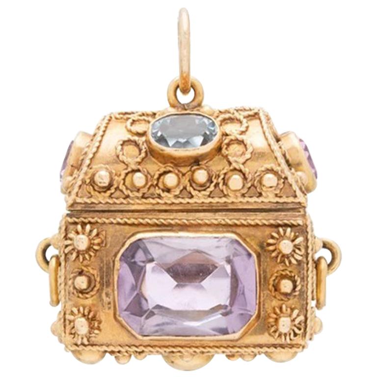 18 Karat Yellow Gold, Pink Sapphire, Aquamarine and Amethyst Treasure Chest  For Sale