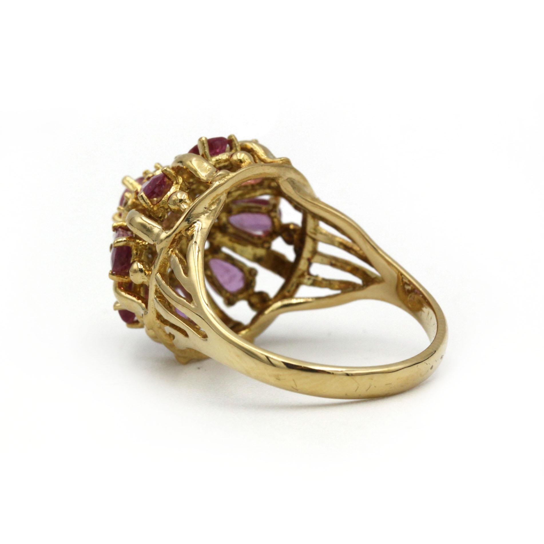 Pear Cut Vintage 18K Yellow Gold Pink Sapphire & Diamond Cluster Cocktail Ring For Sale