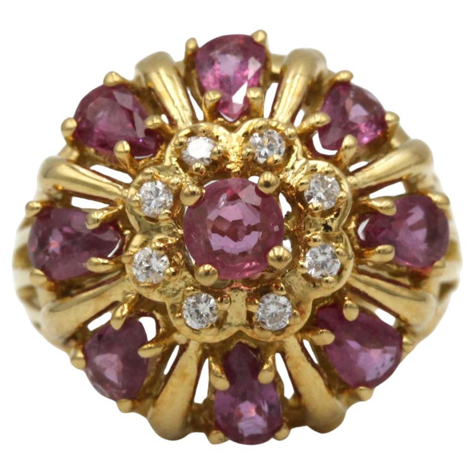 Vintage 18K Yellow Gold Pink Sapphire & Diamond Cluster Cocktail Ring For Sale