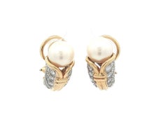 Vintage 18k Yellow Gold & Platinum 8.6mm Pearl & Diamond Elegant Tulip Earrings