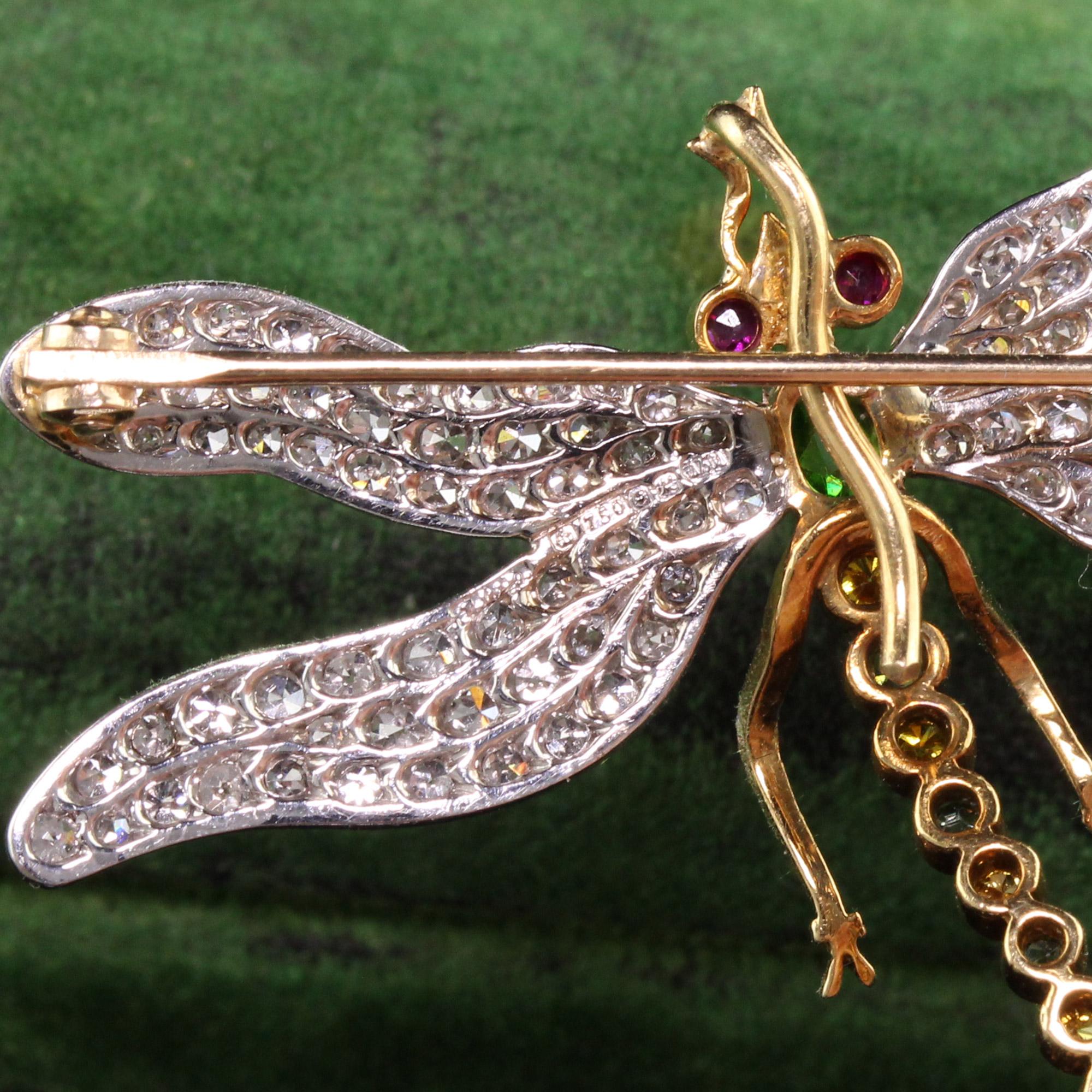 Single Cut Vintage 18k Yellow Gold Platinum Diamond and Demantoid Garnet Dragonfly Pin