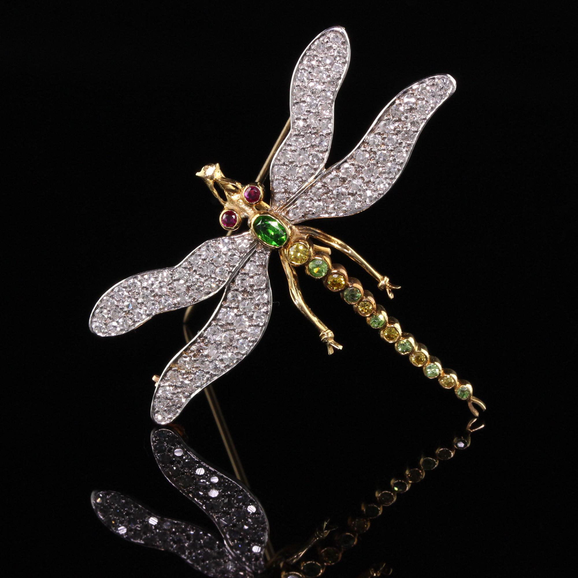 Vintage 18k Yellow Gold Platinum Diamond and Demantoid Garnet Dragonfly Pin In Good Condition In Great Neck, NY