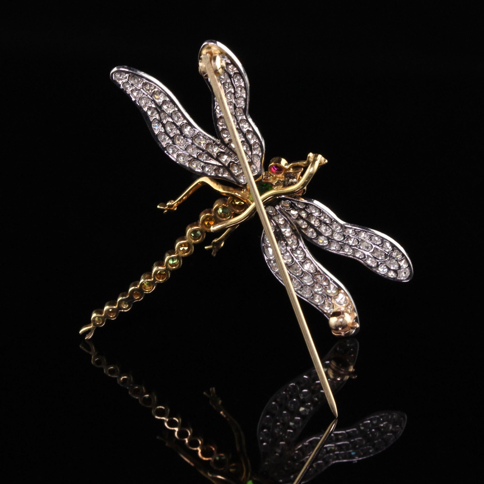 Women's or Men's Vintage 18k Yellow Gold Platinum Diamond and Demantoid Garnet Dragonfly Pin