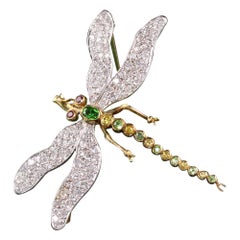 Vintage 18k Yellow Gold Platinum Diamond and Demantoid Garnet Dragonfly Pin