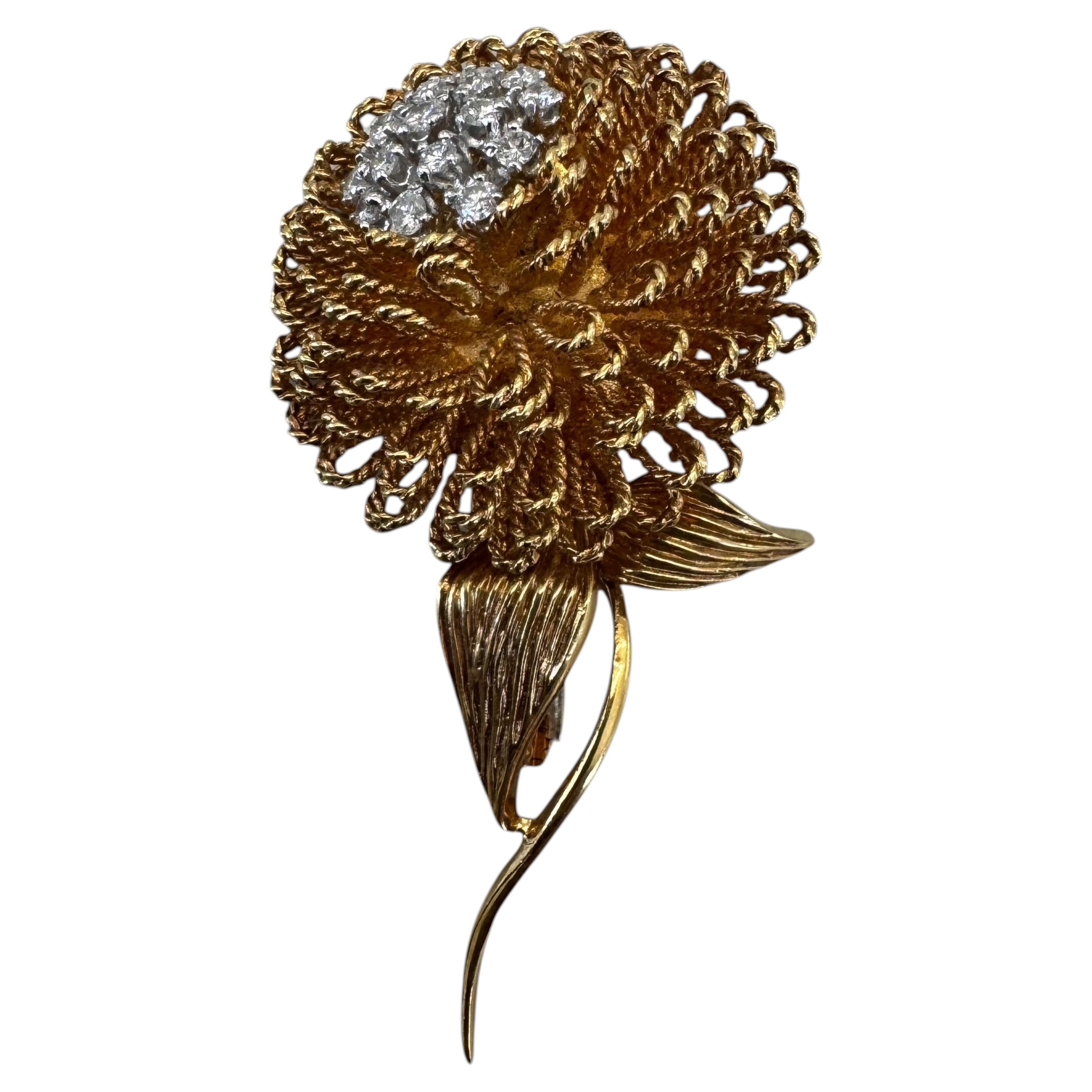 Vintage 18K Yellow Gold & Platinum Diamond Floral Brooch