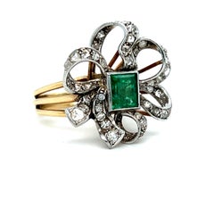 Vintage 18K Yellow Gold/ Platinum Emerald and Diamond Ribbon Ring - 1.88ct.