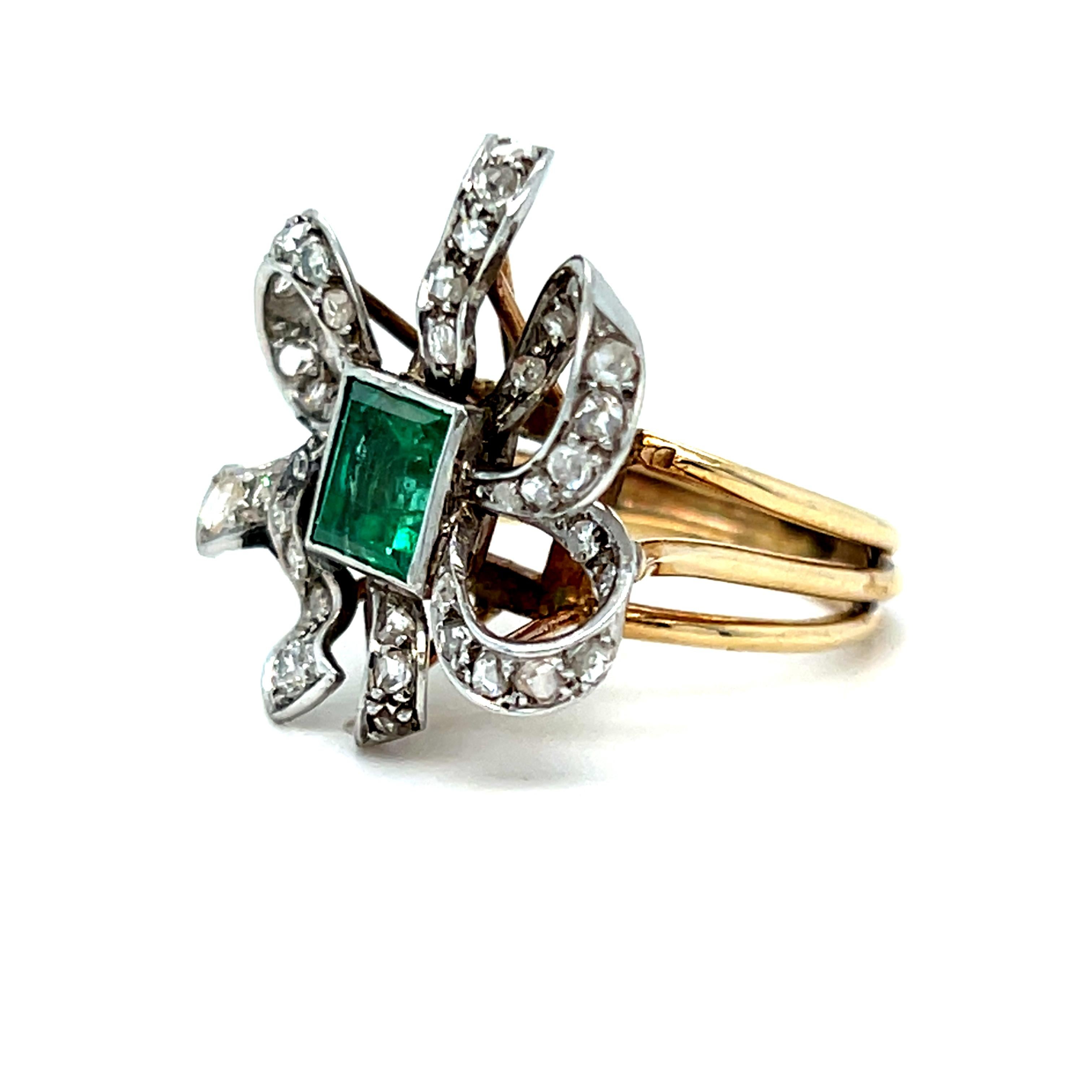 Art Deco Vintage 18K Yellow Gold/ Platinum Emerald and Diamond Ribbon Ring - 1.88ct. For Sale