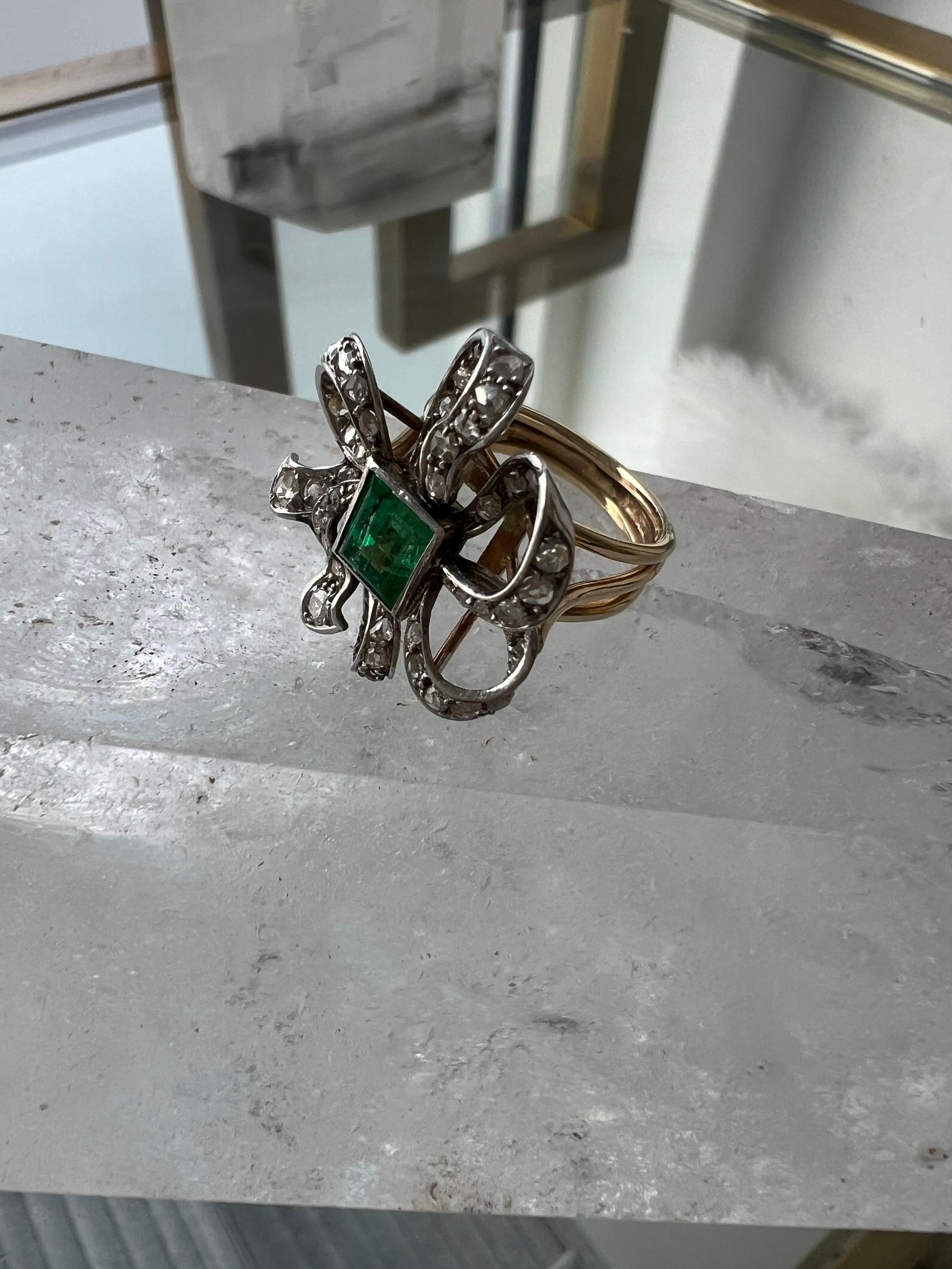 Emerald Cut Vintage 18K Yellow Gold/ Platinum Emerald and Diamond Ribbon Ring - 1.88ct. For Sale
