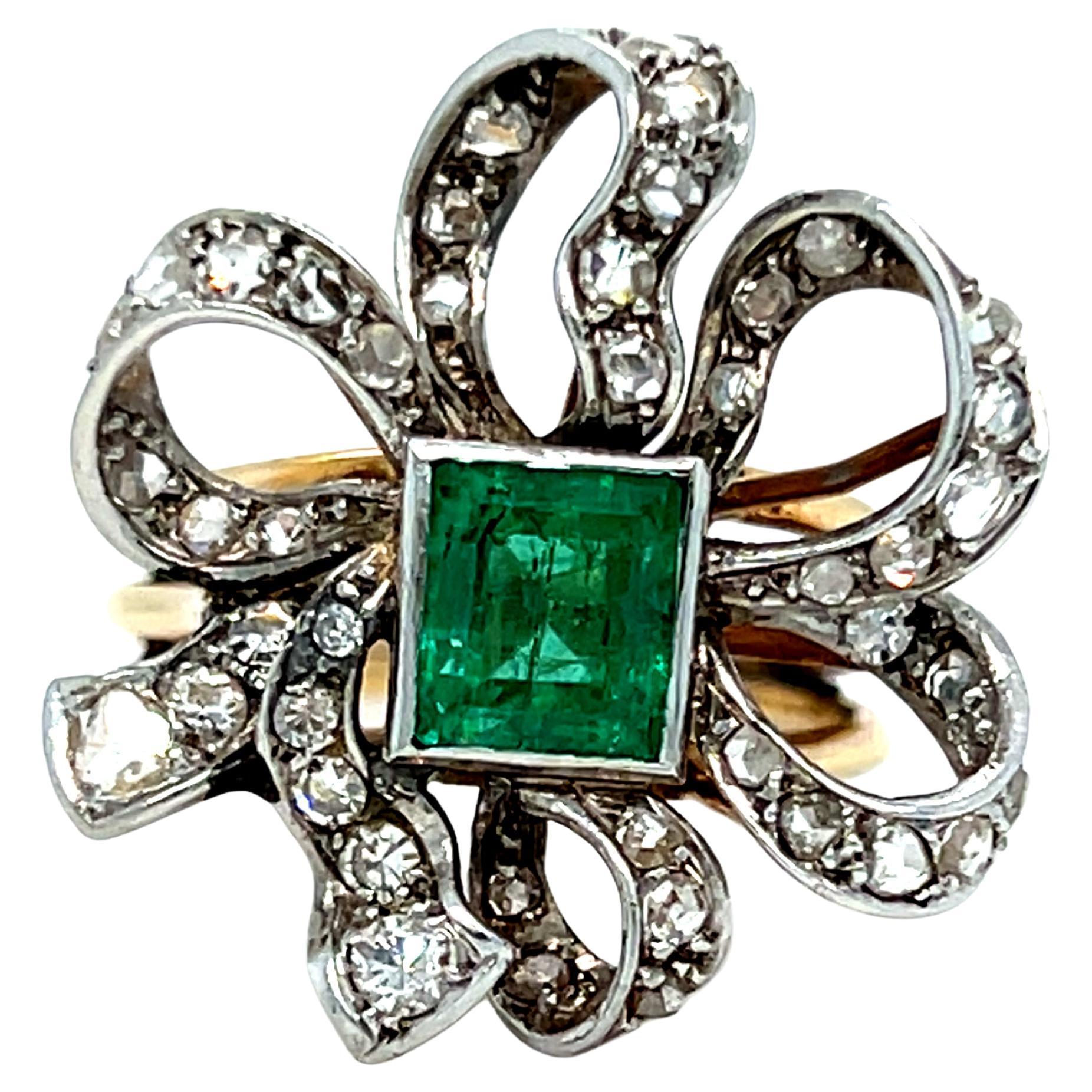 Anillo vintage de oro amarillo de 18 quilates/platino con esmeralda y cinta de diamantes - 1,88 ct.