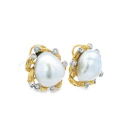 Vintage 18K Gelbgold Platin Perle & Diamant Ohrringe von Trio