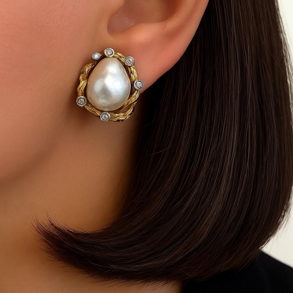 Vintage 18K Yellow Gold Platinum Pearl & Diamond Earrings by Trio en venta 1