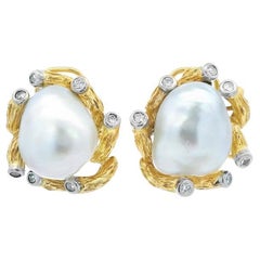 Vintage 18K Yellow Gold Platinum Pearl & Diamond Earrings by Trio