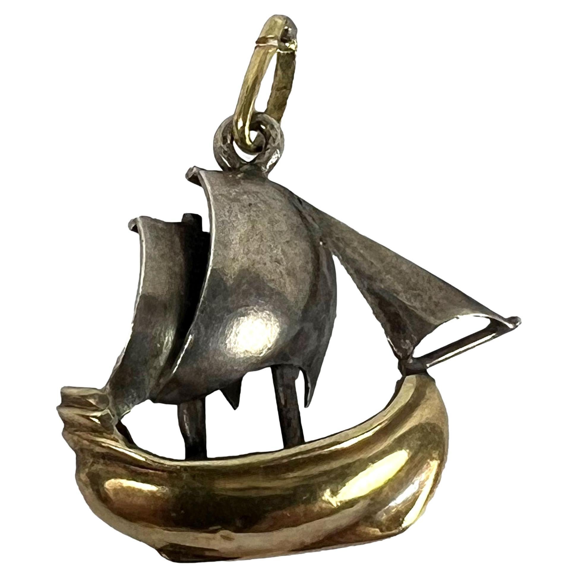 Vintage 18K Gelbgold Platin Segeln Yacht Boot Charm Anhänger