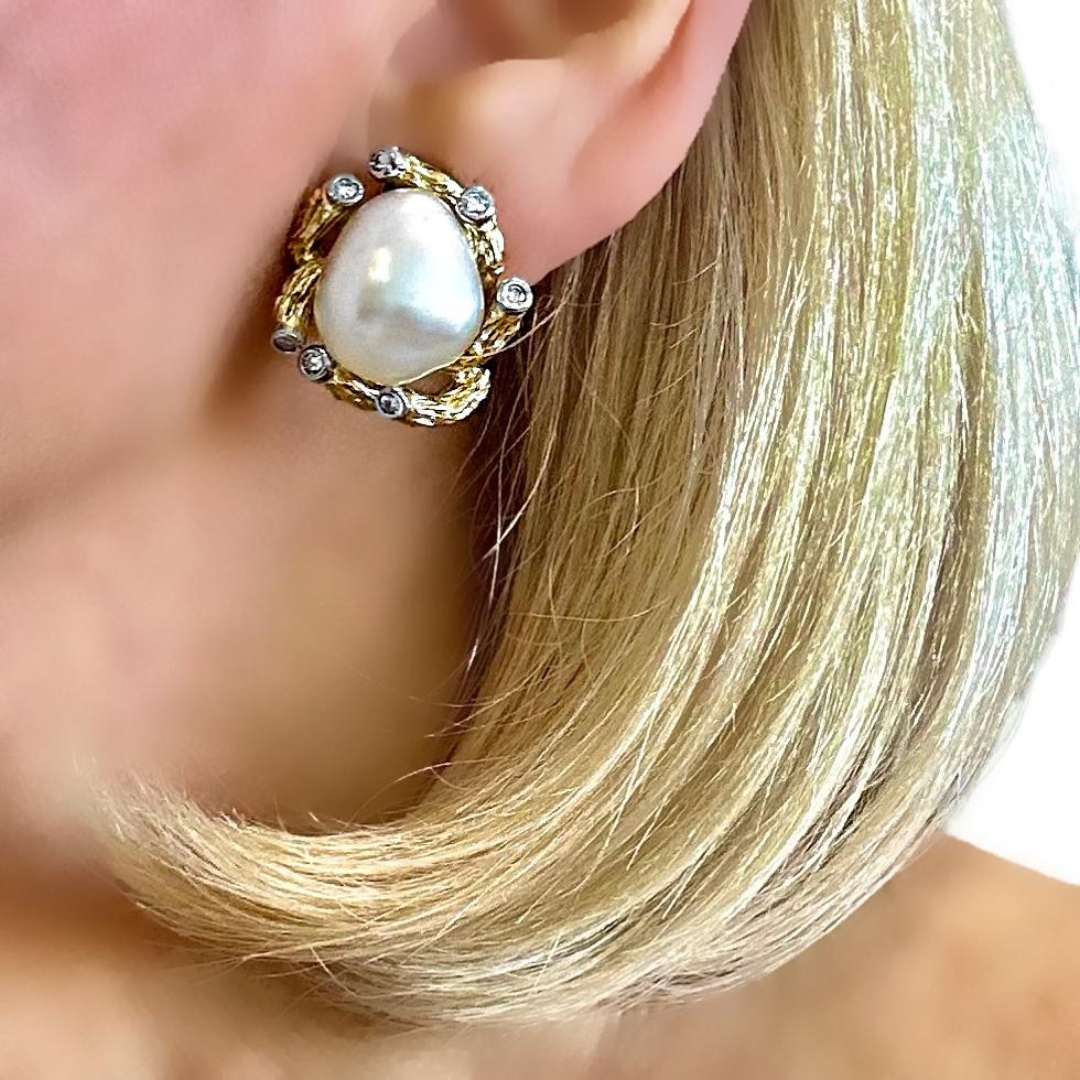 Boucles d'oreilles vintage en or jaune 18 carats, platine, perles semi-baroques et diamants par Trio en vente 5