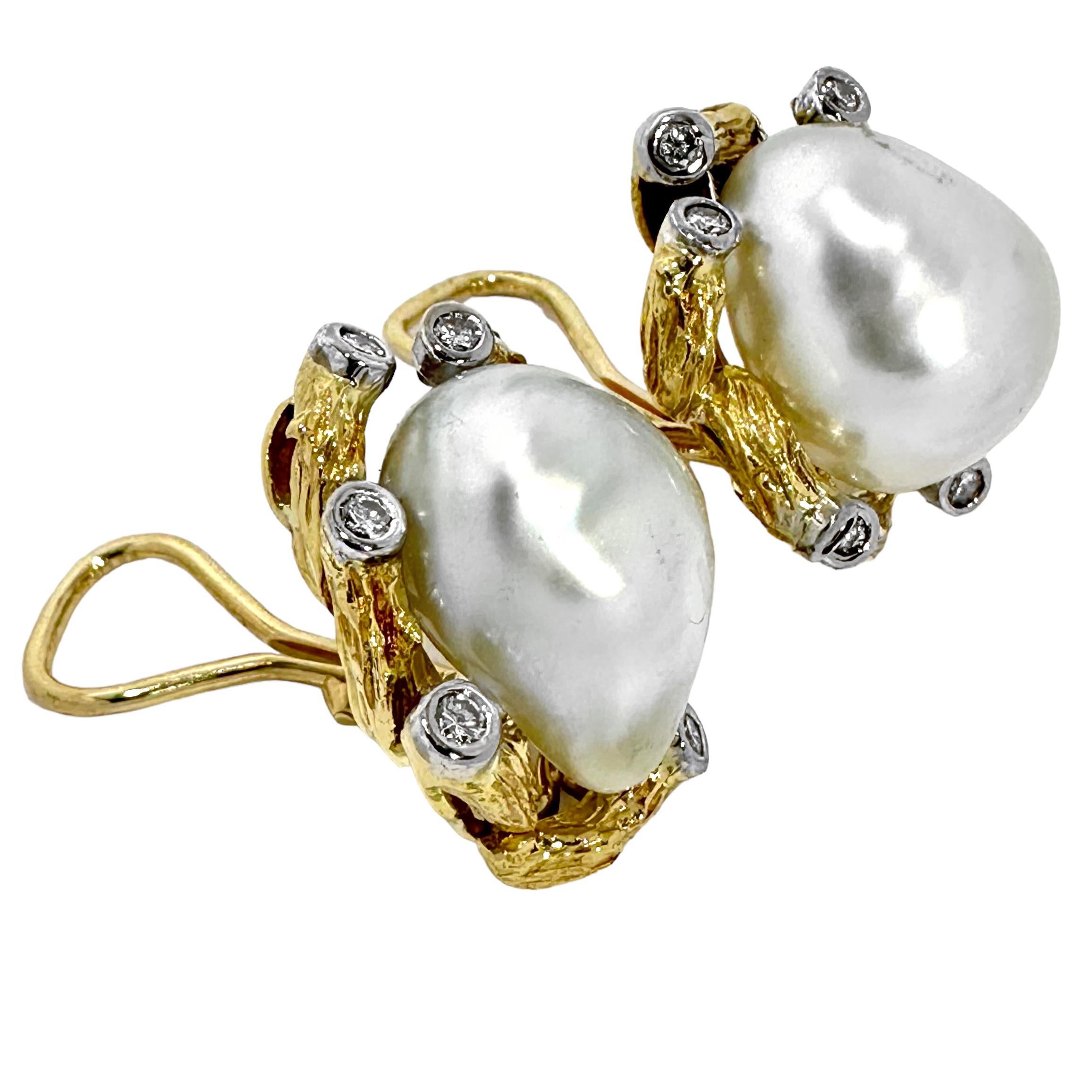 Modern Vintage 18K Yellow Gold, Platinum, Semi-Baroque Pearl & Diamond Earrings by Trio For Sale