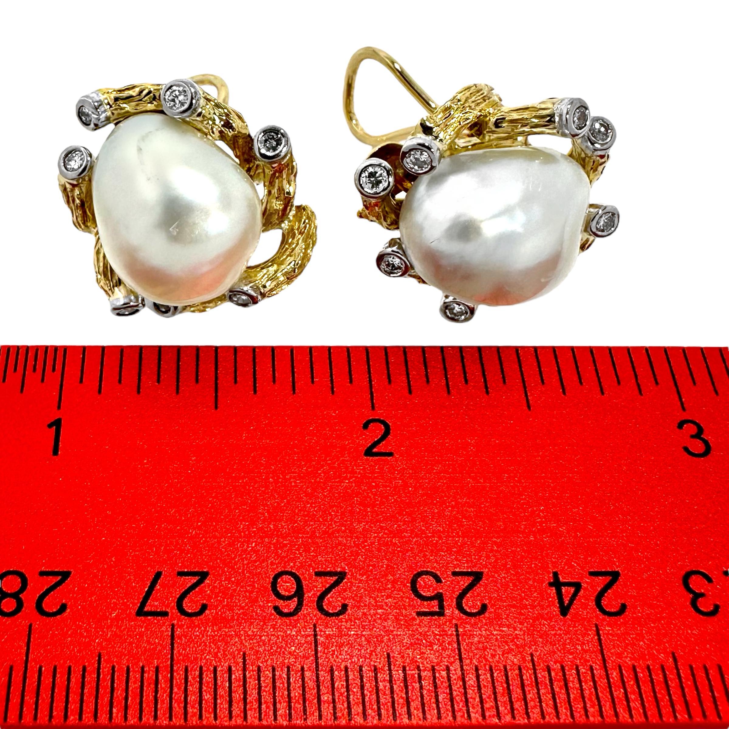 Vintage 18K Yellow Gold, Platinum, Semi-Baroque Pearl & Diamond Earrings by Trio For Sale 2