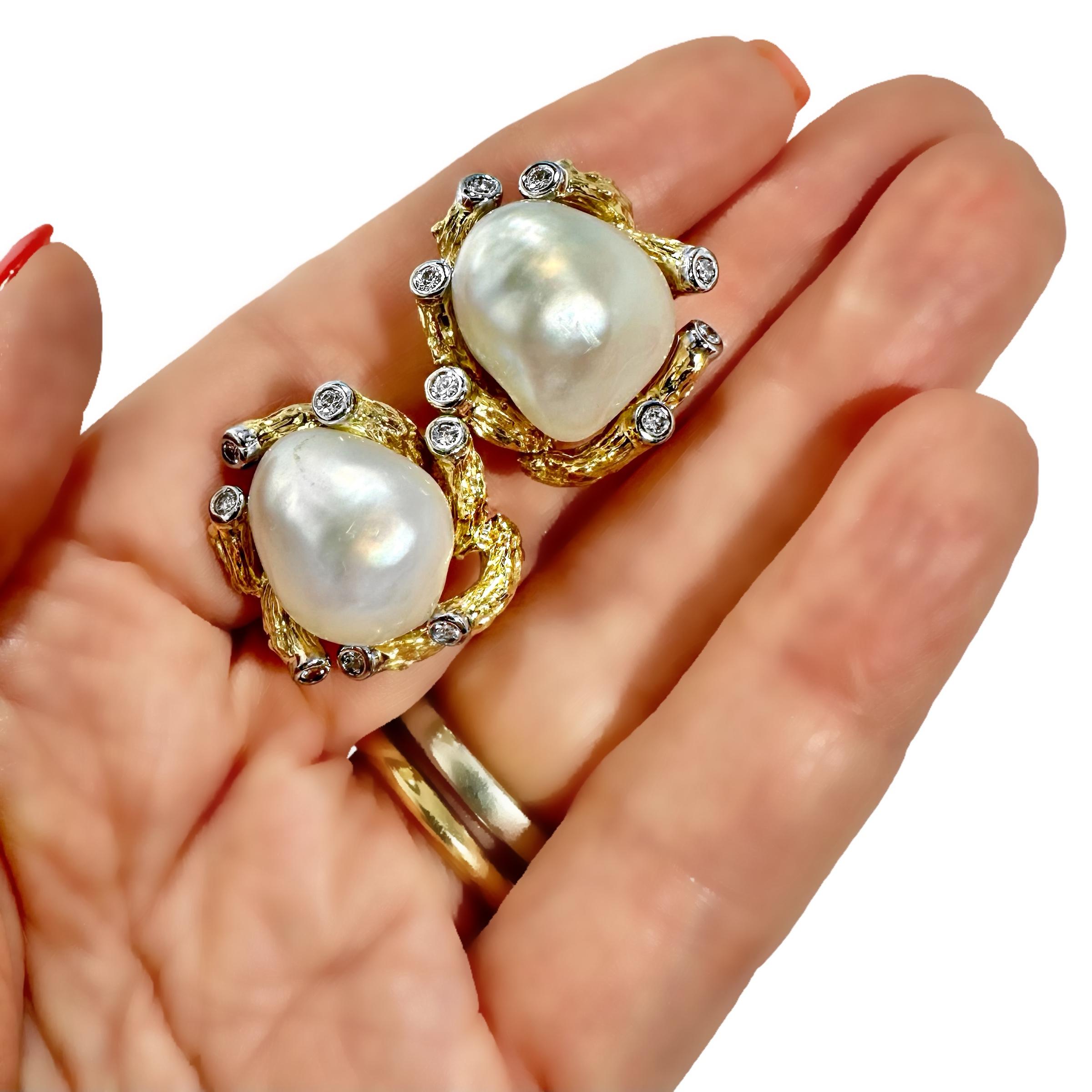 Vintage 18K Yellow Gold, Platinum, Semi-Baroque Pearl & Diamond Earrings by Trio For Sale 3