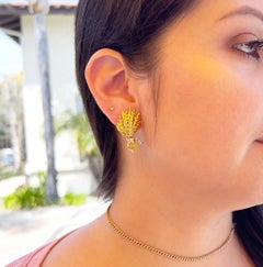 Vintage 18k Yellow Gold & Platinum Wheat Stalk Clip on Earrings, Diamonds