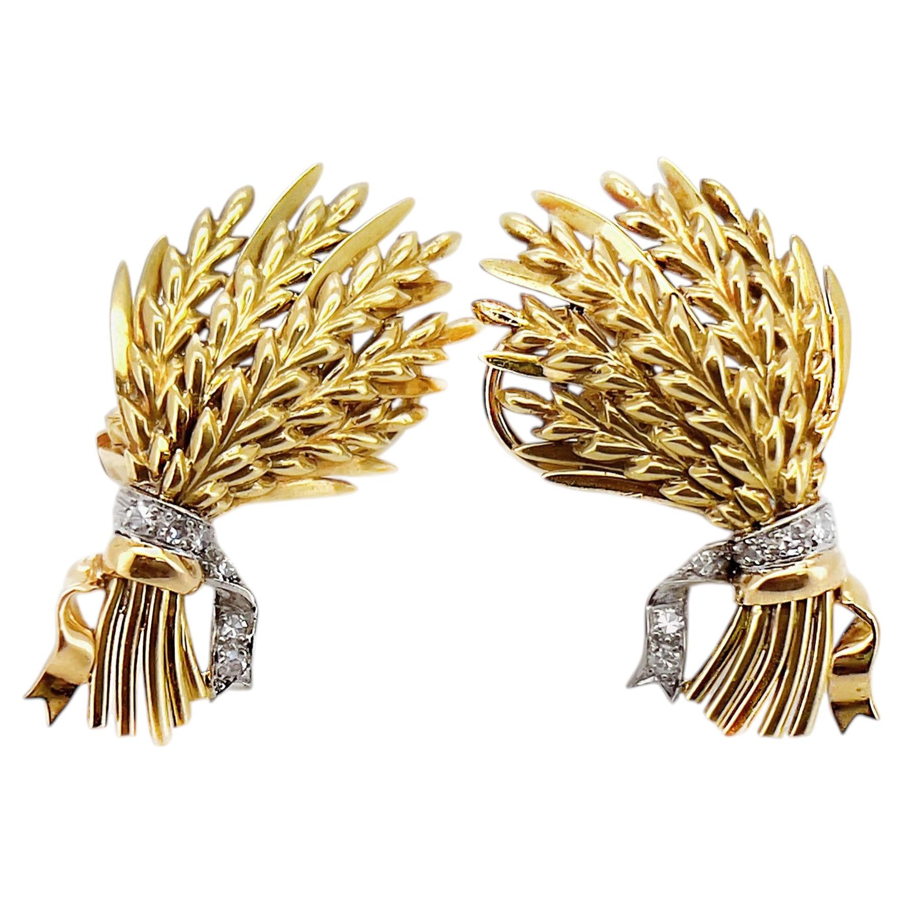 Boucles d'oreilles vintage en or jaune 18k et platine, diamants.