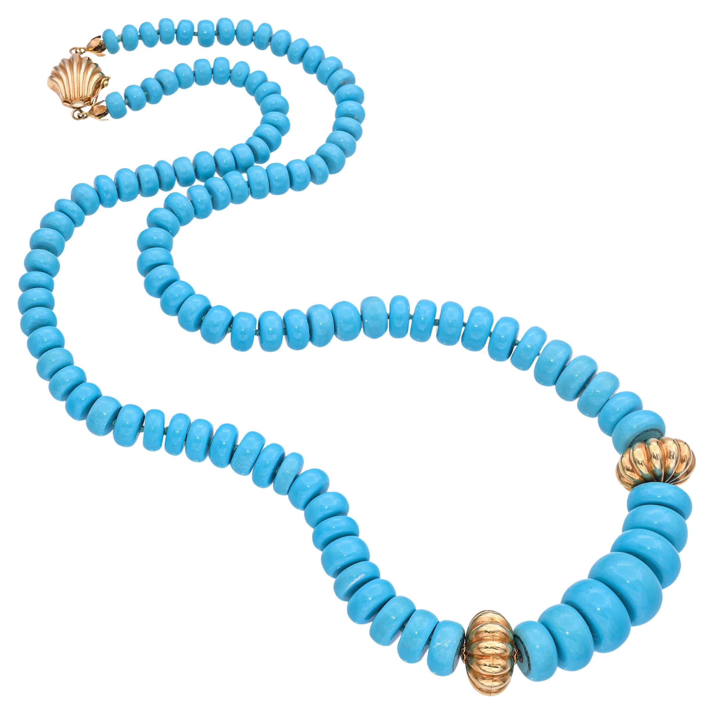 Vintage 18k Gelbgold gepudert Türkis Perlenkette im Angebot