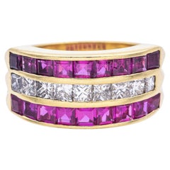 Vintage 18k Yellow Gold Princess Cut Ruby and Diamond 3 Row Band Ring