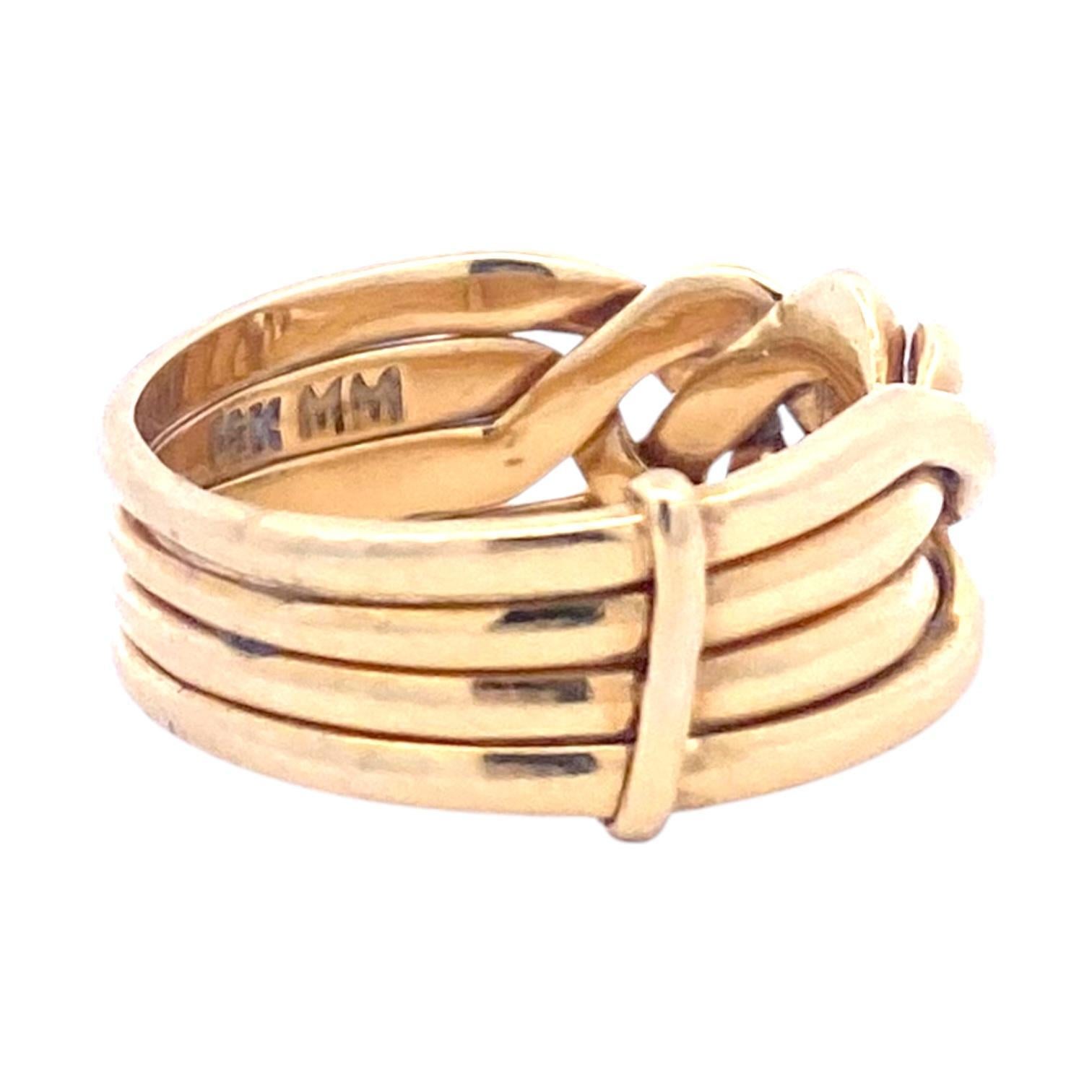 Crafted in 18K yellow gold, this puzzle ring showcases an intricate woven design. It consist of 4 bands that stack together to make an intricate design.
Measurements:
Width: 9 mm (front) - 6 mm (back)
Ring Size: 7 (we do not recommend