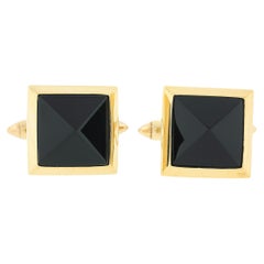 Vintage 18K Yellow Gold Pyramid Cut Bezel Black Onyx Square Swivel Cuff Links