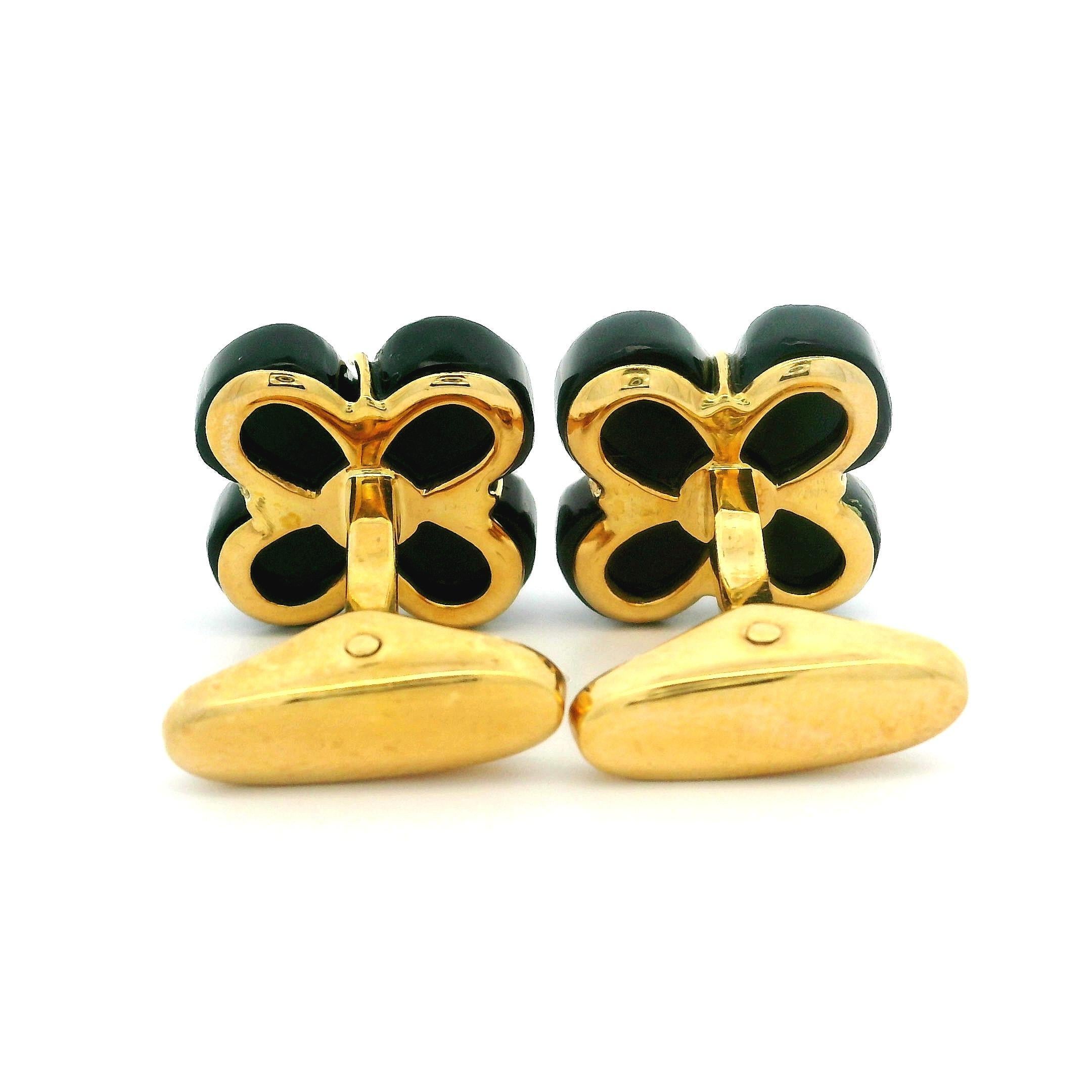 Gemelos vintage de oro amarillo de 18 quilates Trébol Ónix negro y diamantes Corte brillante en venta