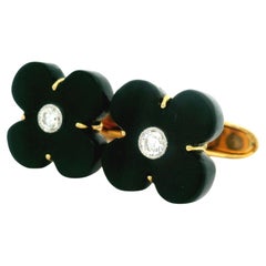Vintage 18k Yellow Gold Quatrefoil Clover Black Onyx & Diamond Cufflinks
