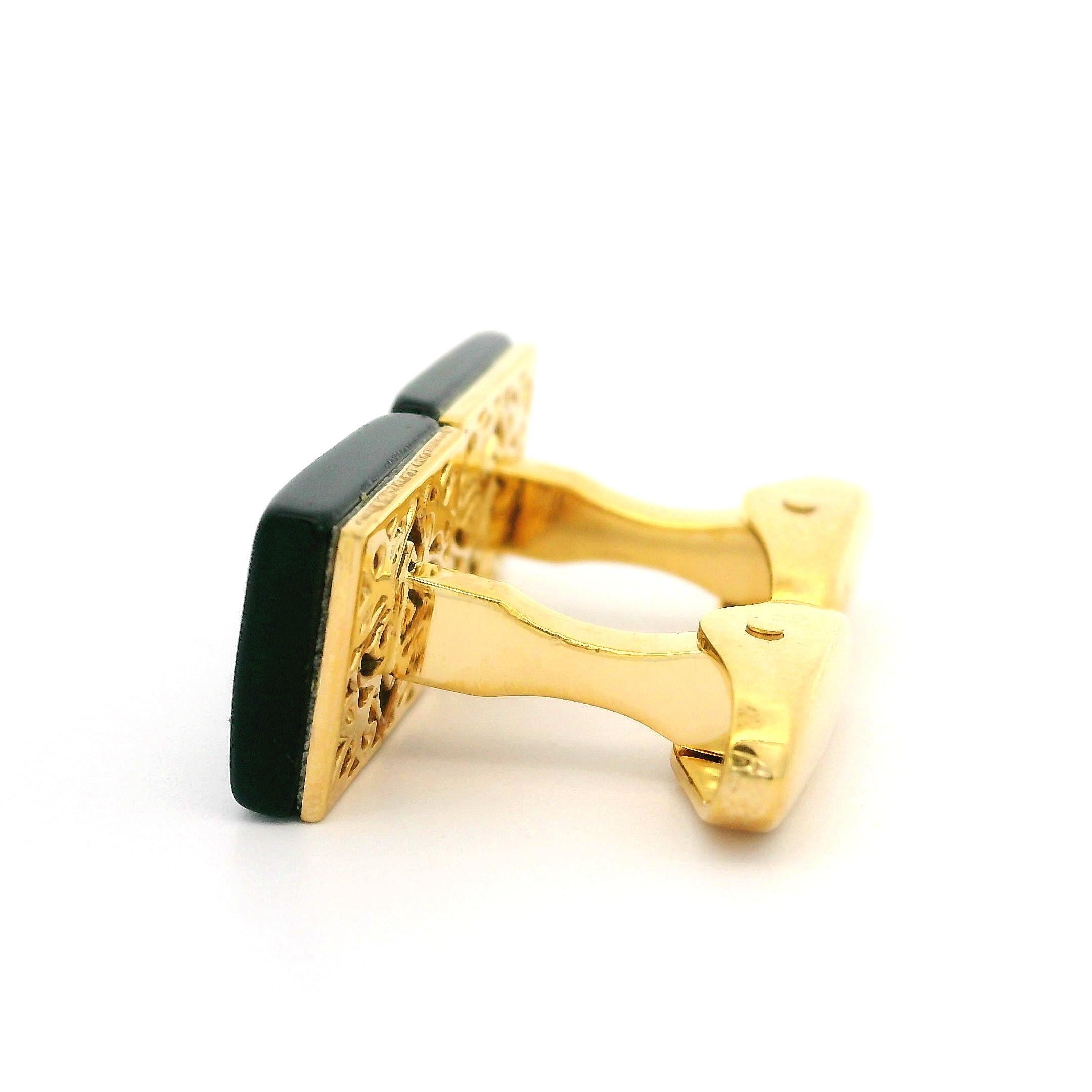 --Stone(s):--
(2) Natural Genuine Black Onyx - Rectangular Cut - Black Color - 13.9x9.9mm (approx.)
(2) Natural Genuine Diamonds - Baguette Cut - Bezel Set - Nice White Color - 0.30ctw (approx.)

Material: Solid 18k Yellow Gold
Weight: 9.60