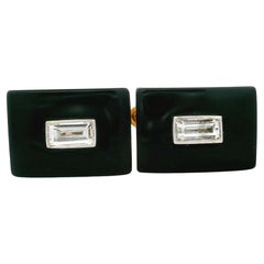 Vintage 18k Yellow Gold Rectangular Cut Black Onyx & Baguette Diamond Cufflinks