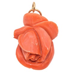 Vintage 18K Yellow Gold Red Coral Rose Floral Carved Pendant