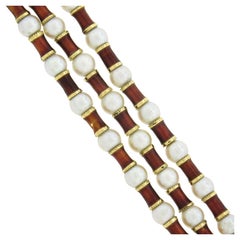 Vintage 18K Yellow Gold Red Enamel 5mm Pearl Substantial 3 Strand Bracelet