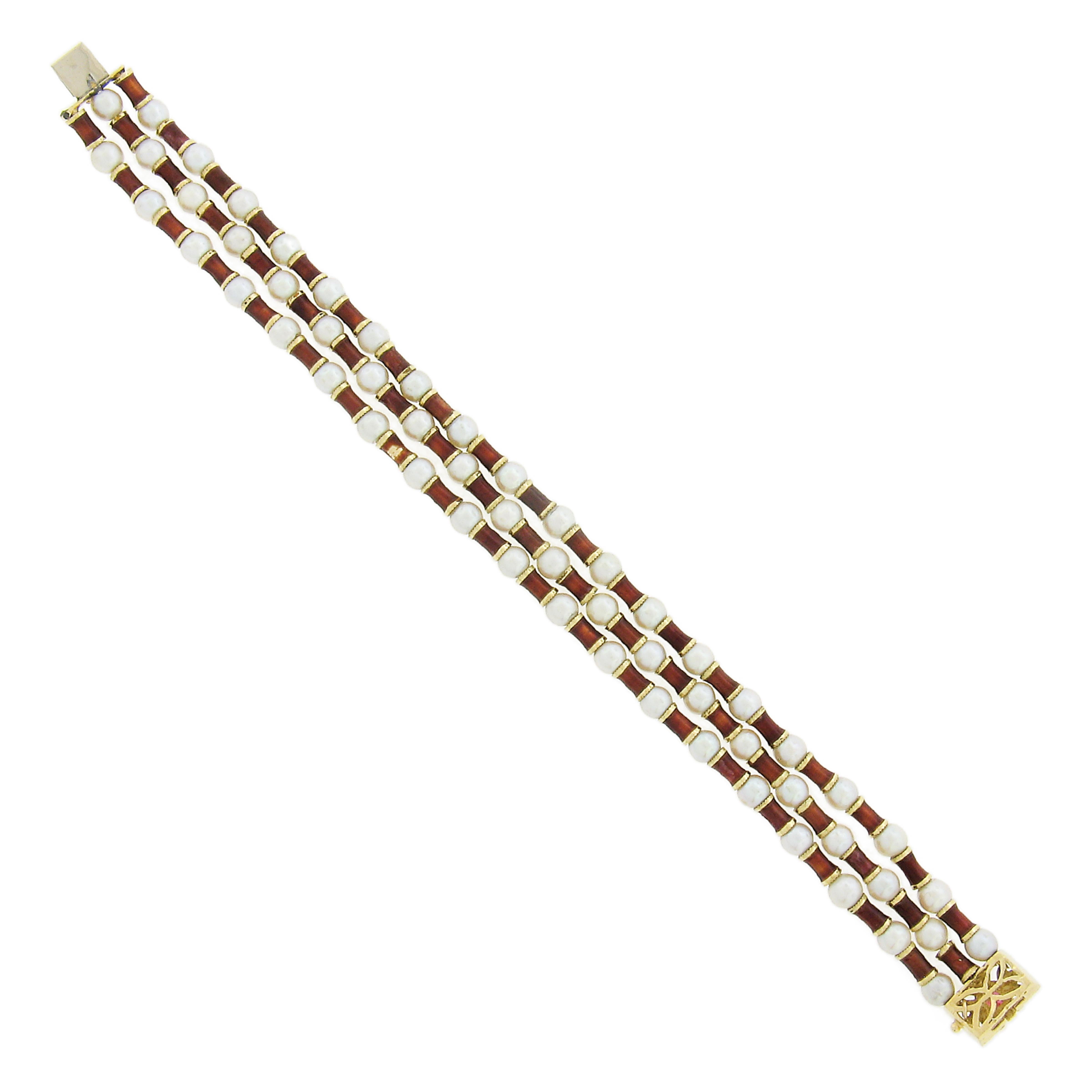 Women's or Men's Vintage 18K Yellow Gold Red Enamel 5mm Pearl Substantial 3 Strand Bracelet For Sale