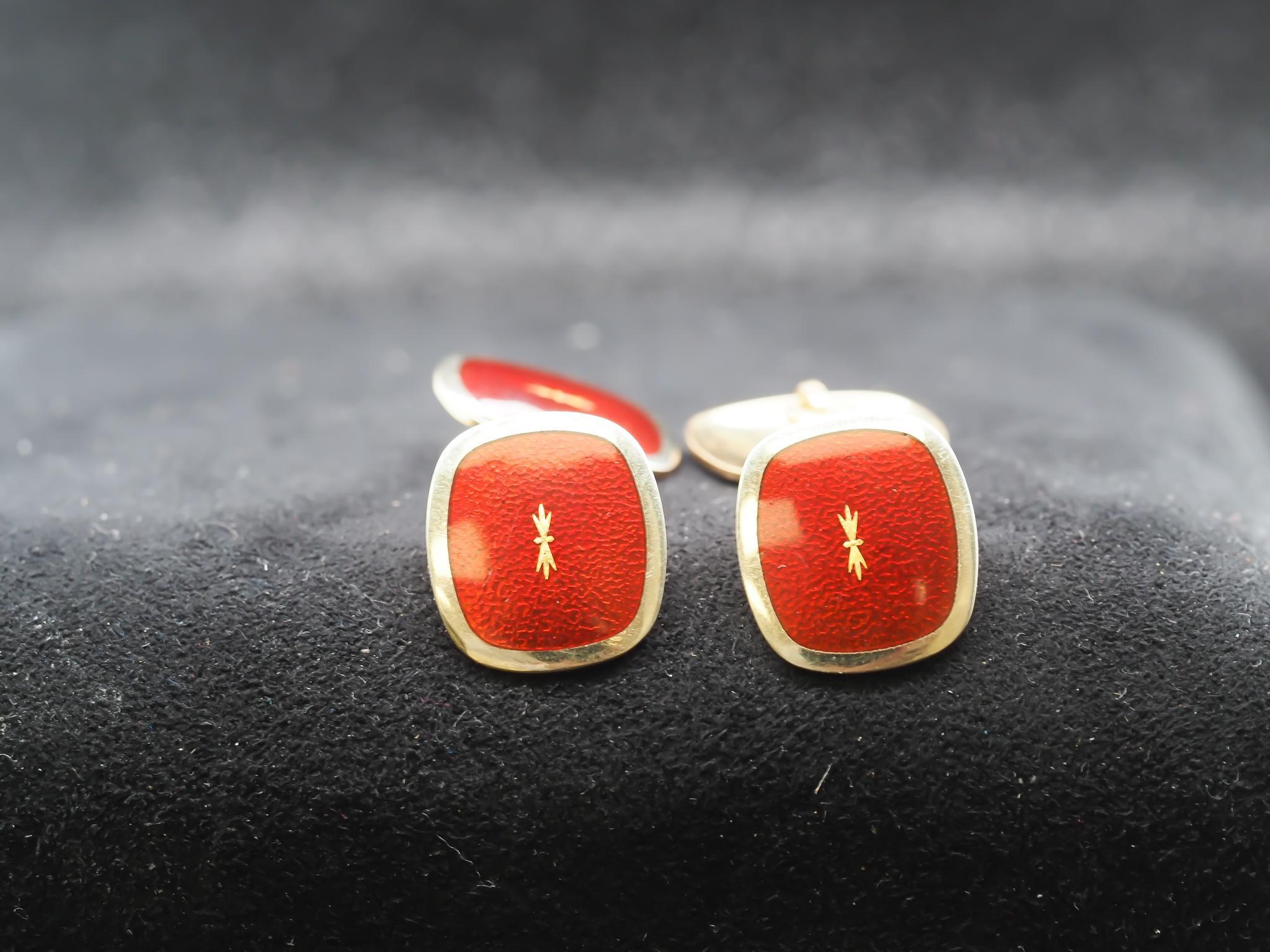 Vintage 18k Gelbgold Rot Emaille Manschettenknöpfe im Angebot 4